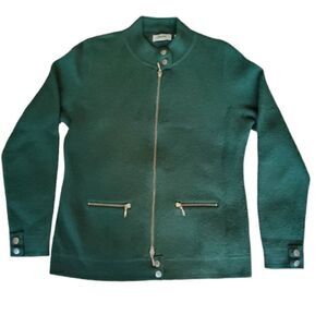 Neiman Marcus 100% Wool Women's Green Sweater Zip-Up Size Medium